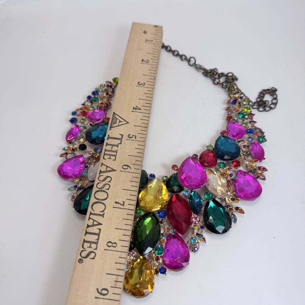 Multi Color Rhinestone Bib Statement Necklace Gold Tone Adjustable Chain - Picture 5 of 5